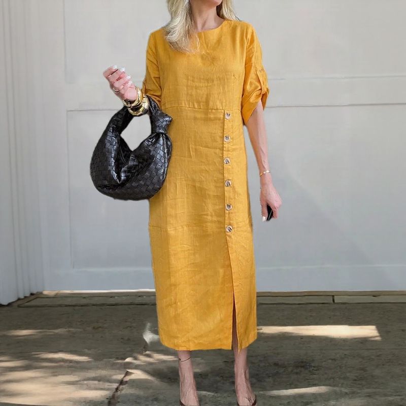 Vestido Adélie™ em Linho de Algodão com Botões Laterais e Fenda Sofisticada / Movimento e Elegância na Medida Certa!